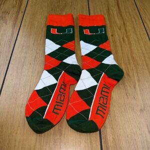 Miami Hurricanes NCAA Argyle Crew Socks Green Orange White U Logo Mens One Size